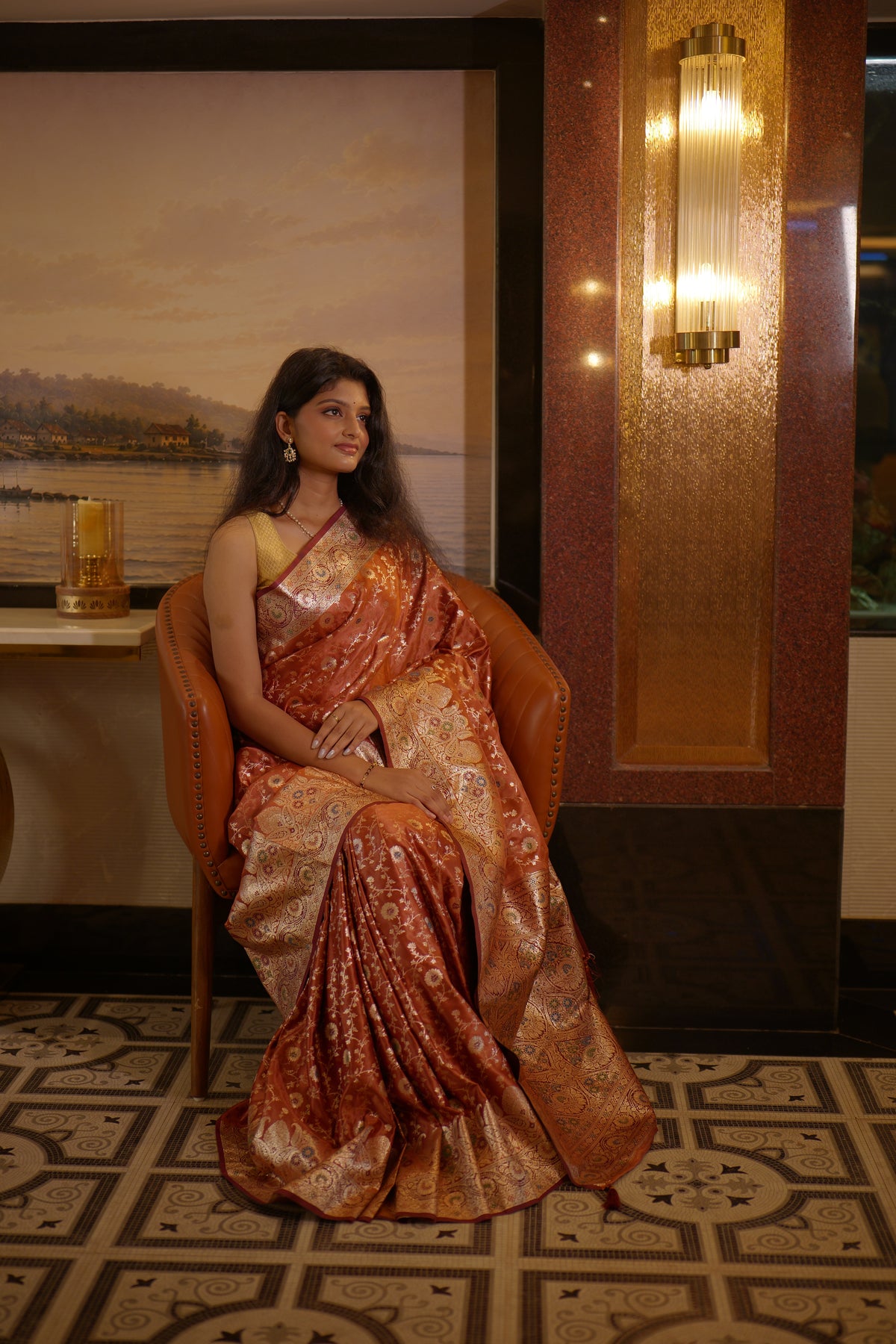 Rust Amber Banarasi Katan Silk Saree