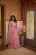 Dusty Rose Embroidered Net Crop Top Lehenga Set with Dupatta